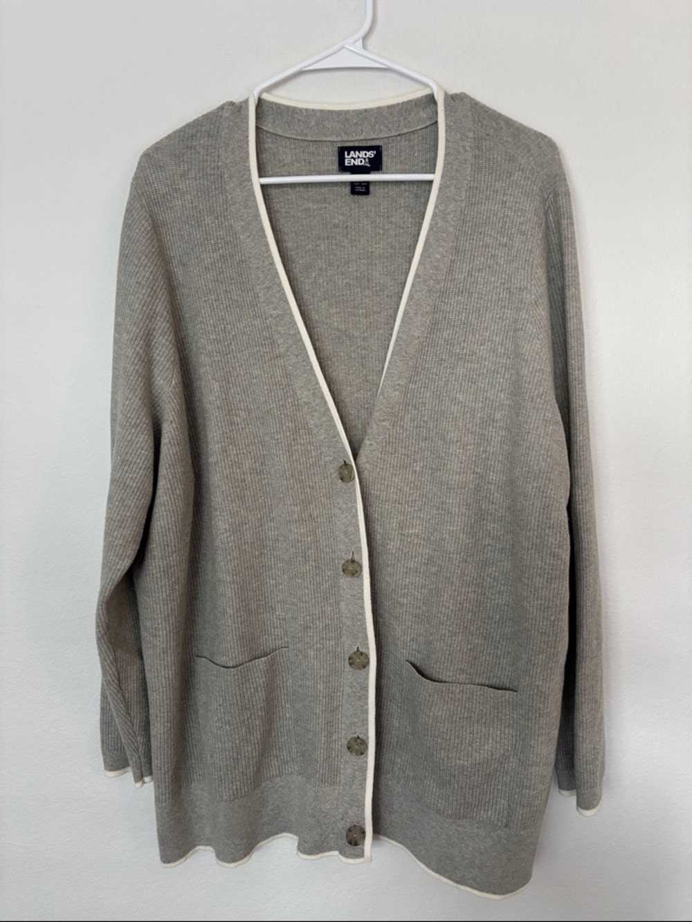 Lands' End Gray Cardigan with Creamy White Trim
